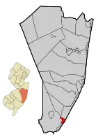 Location of Beach Haven in Ocean County highlighted in red (right). Inset map: Location of Ocean County in New Jersey highlighted in orange (left).