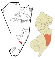 Map of Beach Haven West CDP in Ocean County. Inset: Location of Ocean County in New Jersey.