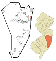 Map of Dover Beaches North CDP in Ocean County. Inset: Location of Ocean County in New Jersey.