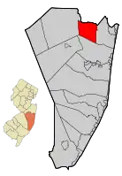 Location of Lakewood Township in Ocean County highlighted in red (right). Inset map: Location of Ocean County in New Jersey highlighted in orange (left).