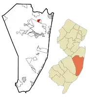 Map of Leisure Village CDP in Ocean County. Inset: Location of Ocean County in New Jersey.