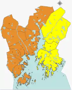 Location of Oddernes borough, shown in yellow.  Districts: 18-Tveit, 17-Søm, 16-Hånes, 15-Randesund.