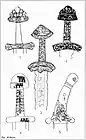 1. Sword from Karabichev. 2. Sword from Foshchevata. 3. Sword from the burial of a combatant in Kiev. 4. Sword of the Scandinavian type from the Dnieper rapids. 5. Saber of the Magyar type. Gochevo. 10th century