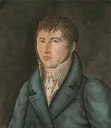 The portrait of a man wearing a coat and a shirt with a high collar.