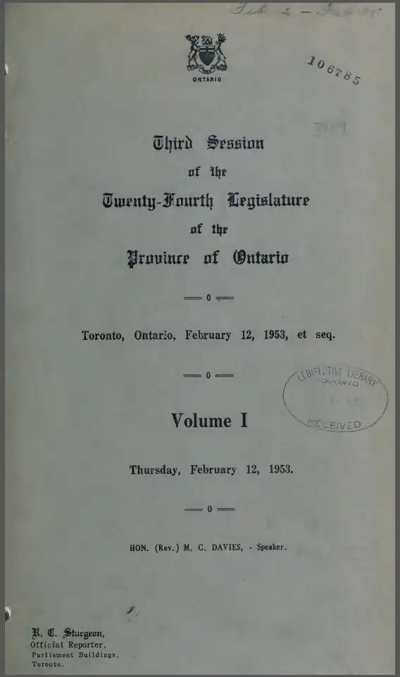 Cover page of Hansard for the Province of Ontario, February 12, 1953