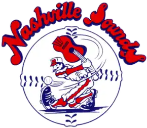 A red, white, and blue cartoon baseball player swinging at a baseball with a guitar in place of a bat, set against a baseball with "Nashville Sounds" written above in red letters with blue border