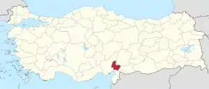 Osmaniye highlighted in red on a beige political map of Turkeym