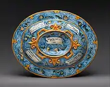 Renaissance oval basin or dish with subject from Amadis of Gaul; circa 1559–1564; maiolica; overall: 6 × 67.3 × 52.4 cm; Metropolitan Museum of Art (New York City)