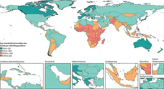 Overall age-standardised mortality rate per 100 000 population for 33 pathogens investigated, 2019