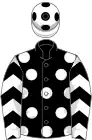 Black, white spots, white sleeves, black chevrons, white cap, black spots