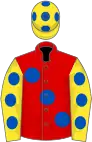 Red, large royal blue spots, yellow sleeves, royal blue spots, yellow cap, royal blue spots