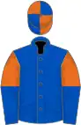 Royal blue, orange and royal blue halved sleeves, orange and royal blue quartered cap