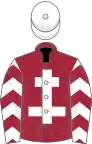 Maroon, white cross of lorraine, white sleeves, maroon chevrons, white cap