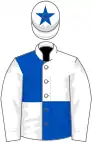 White and royal blue quartered, white sleeves, royal blue star on cap