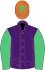 Purple, emerald green sleeves, orange cap, emerald green star