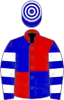 Red and blue (quartered), blue and white hooped sleeves, blue and white hooped cap