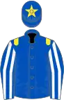 Royal blue, yellow epaulets,royal blue and white striped sleeves, royal blue cap, yellow star