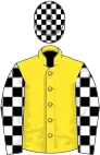 Yellow, black and white checked sleeves, black and white checked cap