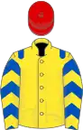 Yellow, royal blue epaulets, royal blue and yellow chevrons on sleeves, red cap