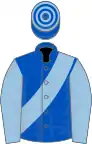 ROYAL BLUE, light blue sash and sleeves, hooped cap