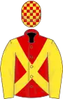 Red, yellow cross-belts and sleeves, checked cap