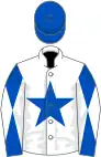 White, royal blue star, royal blue and white diabolo on sleeves, royal blue cap