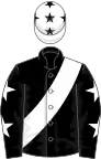 Black, White sash, Black sleeves, White stars, White cap, Black stars