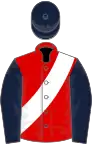 Red, white sash, dark blue sleeves and cap