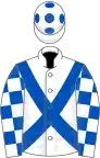 White, royal blue cross belts, check sleeves, white cap, royal blue spots