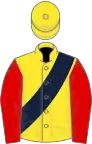 Yellow, Dark Blue sash, Red sleeves