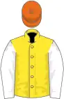 Yellow, white sleeves, orange cap