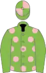 Light green, pink spots, light green sleeves, quartered cap