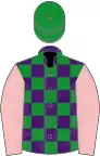 Purple and green check, pink sleeves, green cap