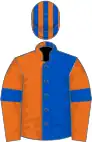 Royal blue and orange (halved), orange sleeves, royal blue armlets, striped cap