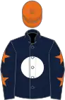 Dark blue, white disc, dark blue sleeves, orange stars, orange cap