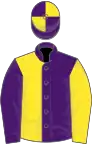 Purple and yellow halved, sleeves reversed, quartered cap