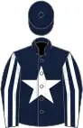 Dark blue, white star, striped sleeves