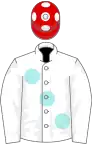 White, large pale blue spots, red cap, white spots