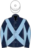 Dark blue, light blue cross sashes, diabolo on sleeves, white cap