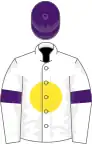 White, yellow disc, purple armlets and cap