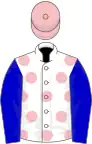 White, pink spots, blue sleeves, pink cap