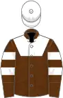 Brown, white yolk, brown sleeves, two white hoops, white cap