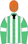 Emerald green and white stripes, emerald green sleeves, white armlets, orange cap