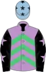 Mauve and emerald green chevrons, black sleeves, mauve stars, light blue cap, black stars