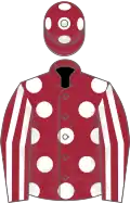 Maroon, white spots, striped sleeves and spots on cap