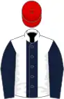 White, dark blue stripe and sleeves, red cap