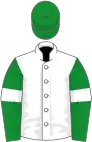 White, green sleeves, white armlets, green cap