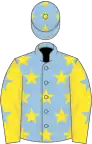 Light blue, yellow stars, yellow sleeves, light blue stars