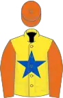 Yellow, royal blue star, orange sleeves and cap