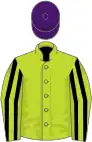 Lime green, black striped sleeves, purple cap